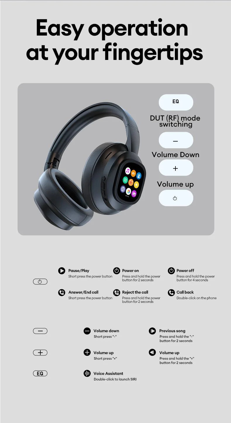 AI LCD Touch Screen Shock Bass Headsets HIFI Sound Wireless Bluetooth Headphones ANC Noise Reduction Gamer Earphones With HD Mic