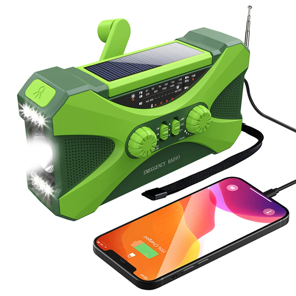 12000mAh Hand Crank Solar Power Radio Portable AM/FM/NOAA Weather Radio with LED Flashlight Power Bank Outdoor Emergency Radio