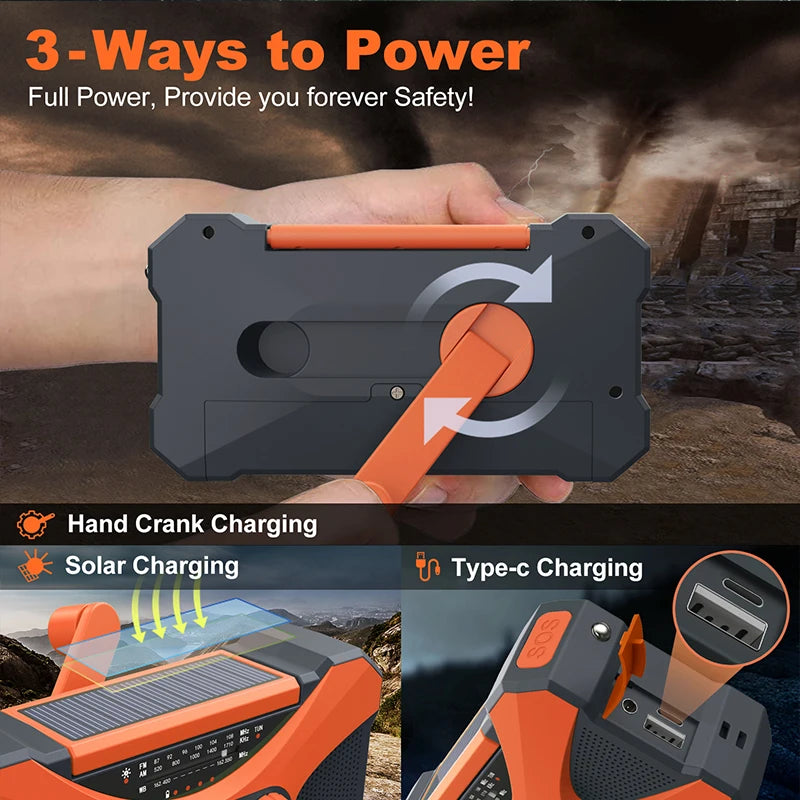 12000mAh Hand Crank Solar Power Radio Portable AM/FM/NOAA Weather Radio with LED Flashlight Power Bank Outdoor Emergency Radio