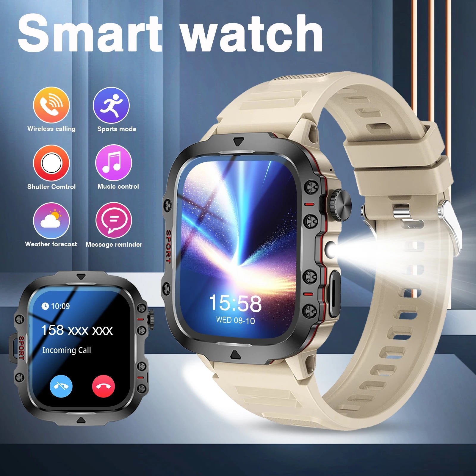 Men's Smart Watch with Wireless Calling, Dual Straps (Stainless Steel+Silicone), Step Counter Flashlight & Message Reminder
