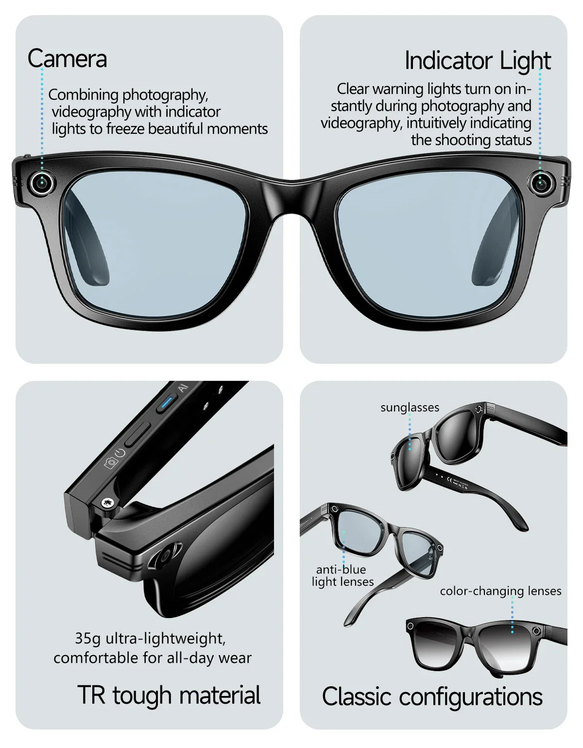 AI for Meta Smart Glasses 8MP Camera Video Recording 100+ Languages Translation Sunglasses Bluetooth Call Music Play
