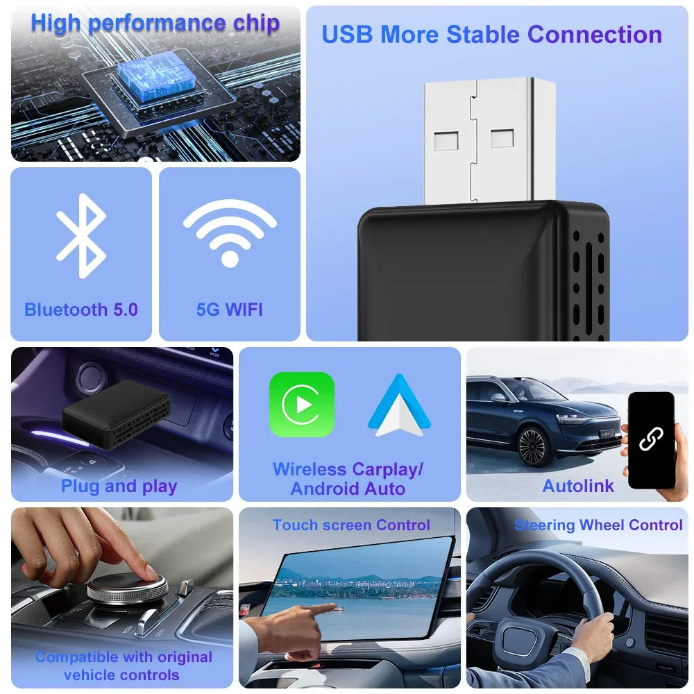 Wired To Wireless Carplay Android Auto 2in1 Wireless Adapter Carplay Wireless Adapter  for OEM Car Stereo with USB Plug and Play