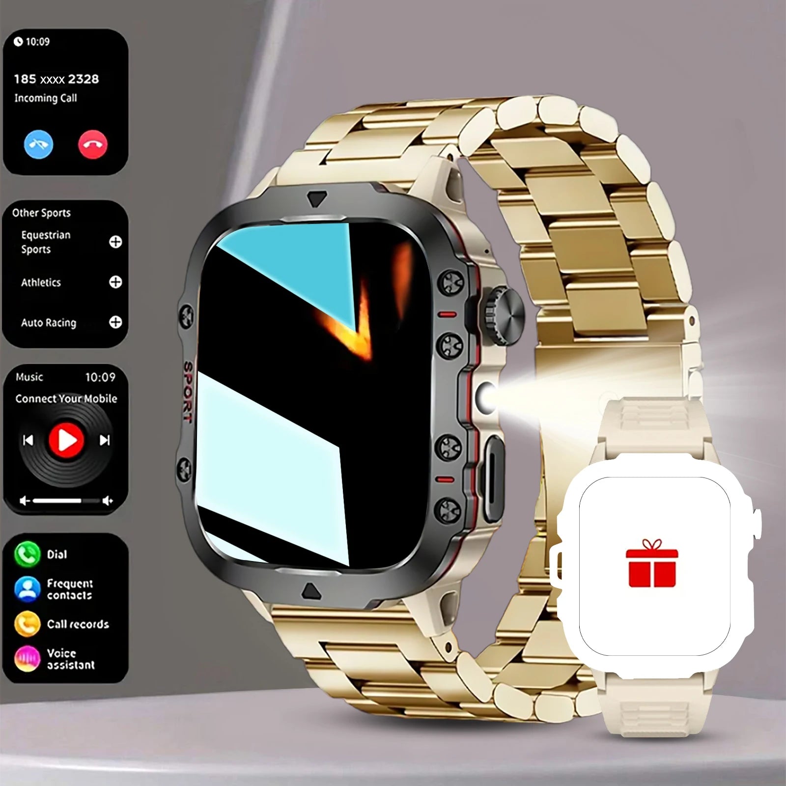 Men's Smart Watch with Wireless Calling, Dual Straps (Stainless Steel+Silicone), Step Counter Flashlight & Message Reminder