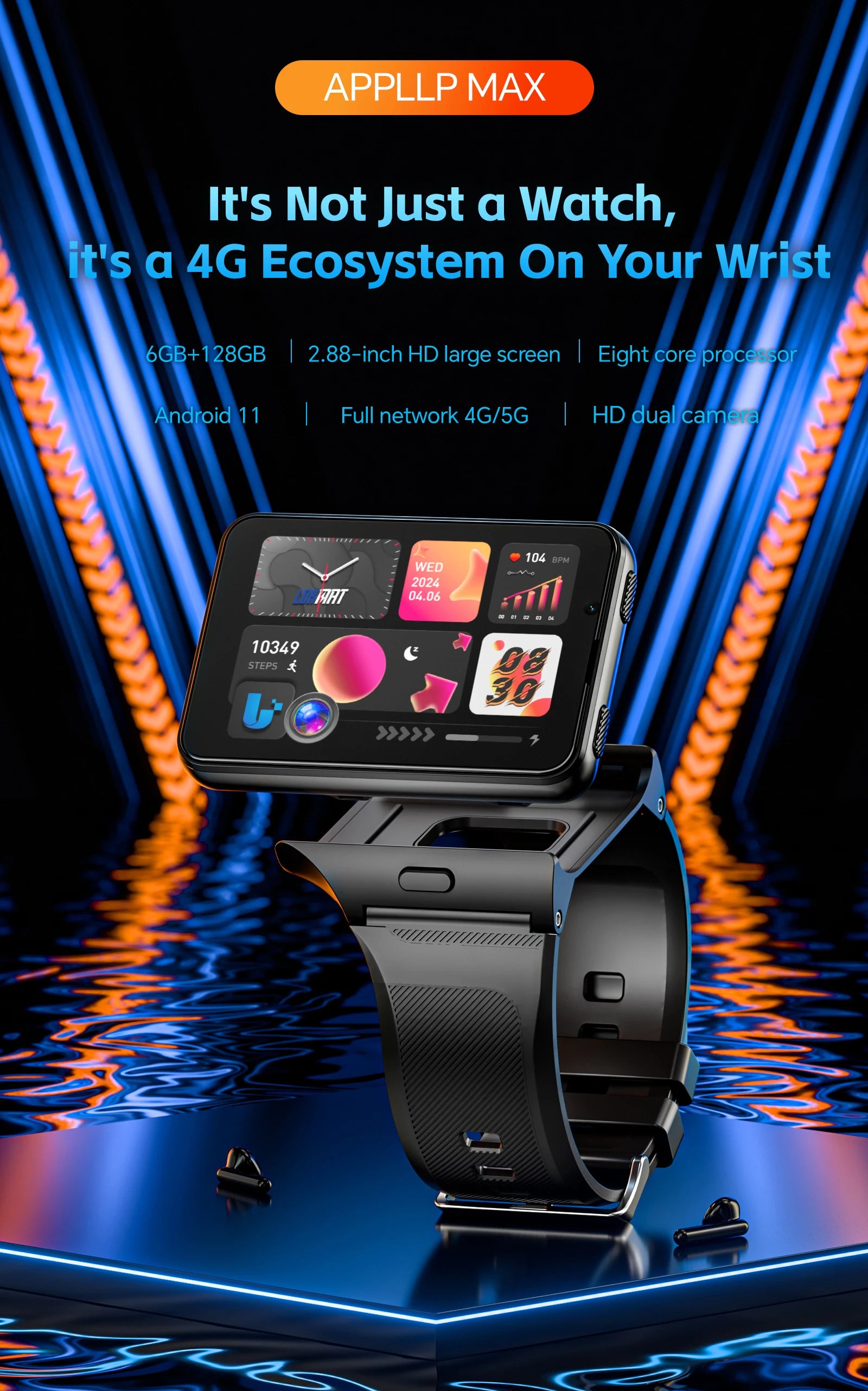 LOKMAT APPLLP MAX Detachable Strap Android Smart Watch Phone Wifi 4G Network Watch Dual Camera Video Calls Heart Rate Monitor
