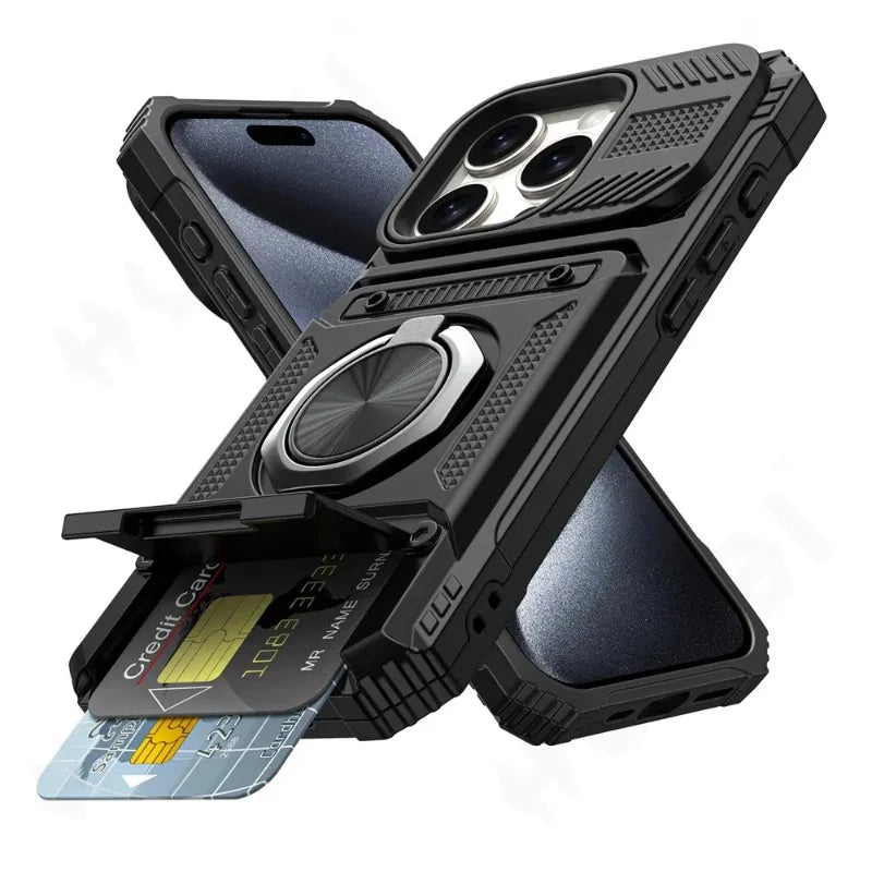 Heavy Duty Magnetic Rotated Ring Kickstand Wallet Cover for iPhone 16/15/14/13/12/11 pro Max XS XR 8 7 plus - Dual Layer Drop Protection Case