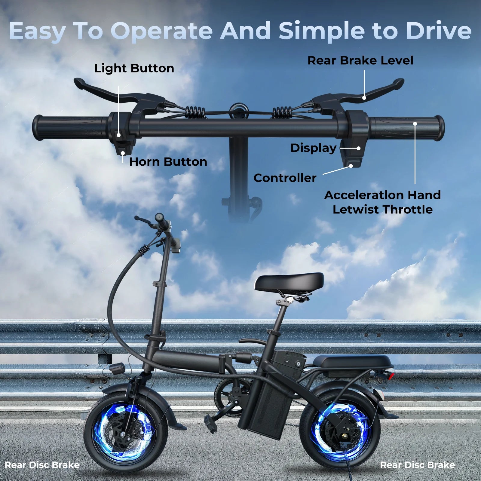 500W Dual Disc Brake Foldable Electric Bicycle 14 Inch 48V10.4Ah Battery 22 Miles Range 20MPH Max Speed with Seat And Basket 1Year Warranty