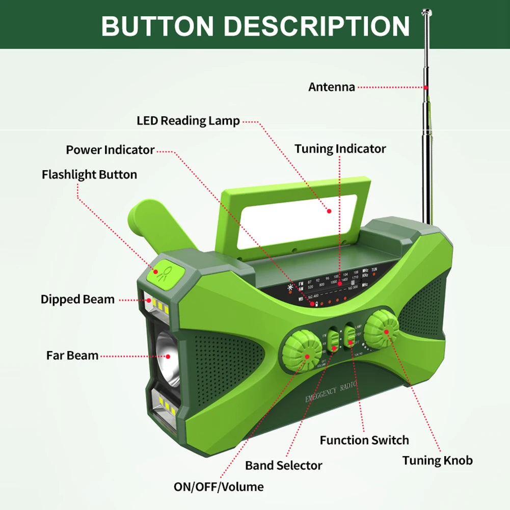 12000mAh Hand Crank Solar Power Radio Portable AM/FM/NOAA Weather Radio with LED Flashlight Power Bank Outdoor Emergency Radio