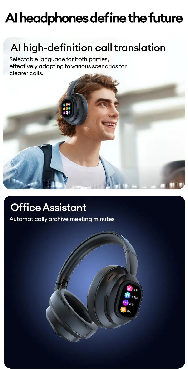 AI LCD Touch Screen Shock Bass Headsets HIFI Sound Wireless Bluetooth Headphones ANC Noise Reduction Gamer Earphones With HD Mic