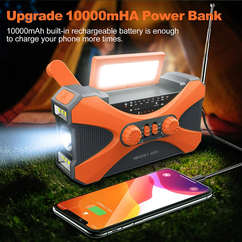 12000mAh Hand Crank Solar Power Radio Portable AM/FM/NOAA Weather Radio with LED Flashlight Power Bank Outdoor Emergency Radio