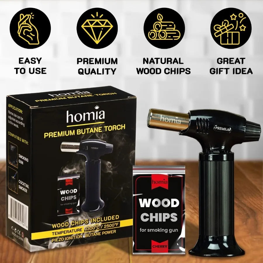 Butane Torch Refillable Kitchen Torch Lighter Adjustable Flame for Smokers Smoking Guns with Wood Chips bag included Fit All Bu