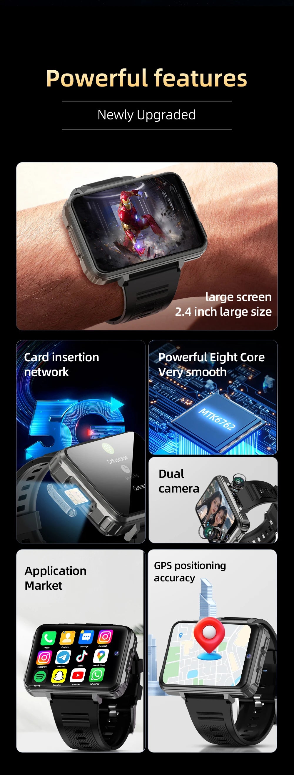 VP999 Ultra Large Screen Smart Watch 4G Dual Camera 64GB Face Recognition Unlock 1400mAh Maps 2.4 inch Touch Screen Smartwatch