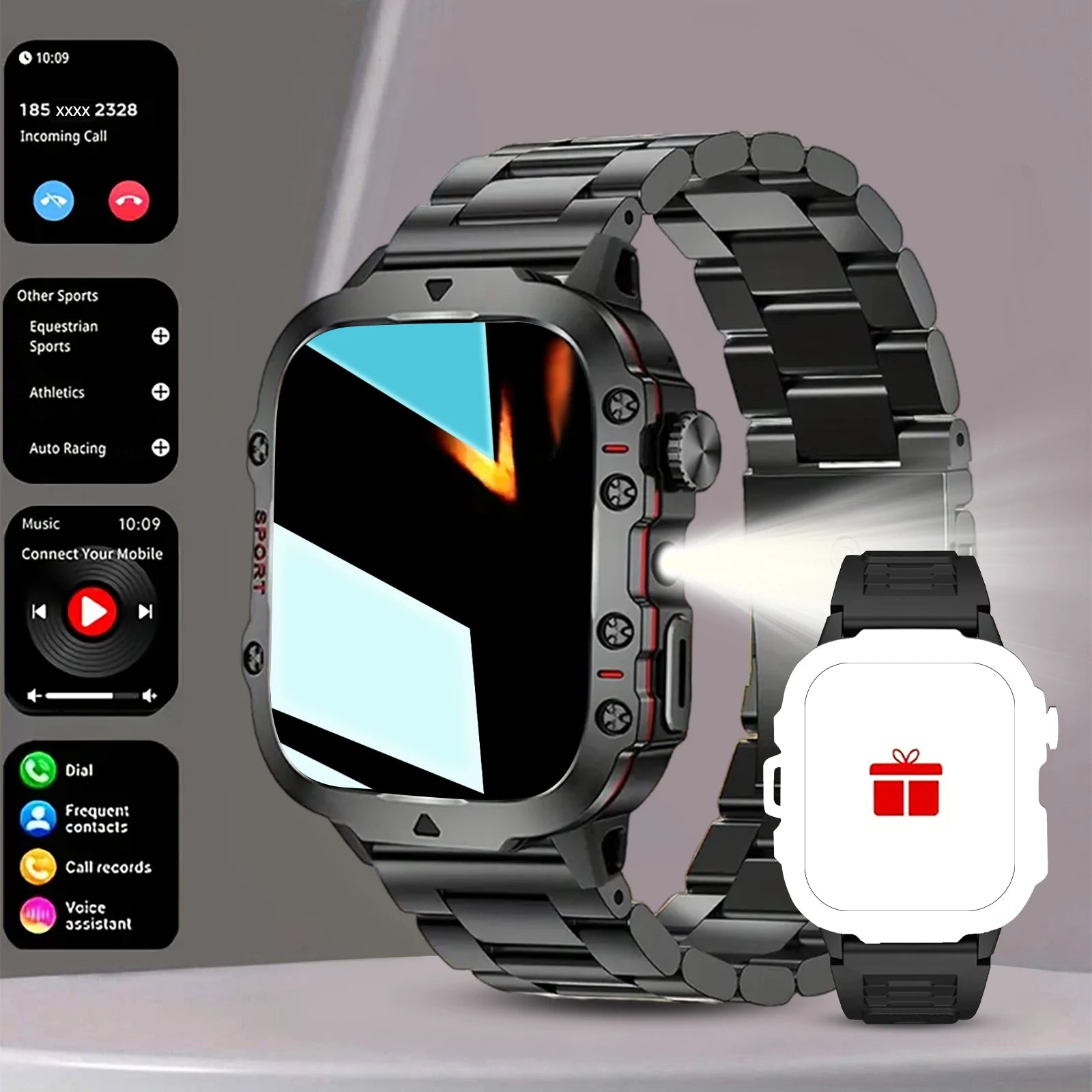 Men's Smart Watch with Wireless Calling, Dual Straps (Stainless Steel+Silicone), Step Counter Flashlight & Message Reminder
