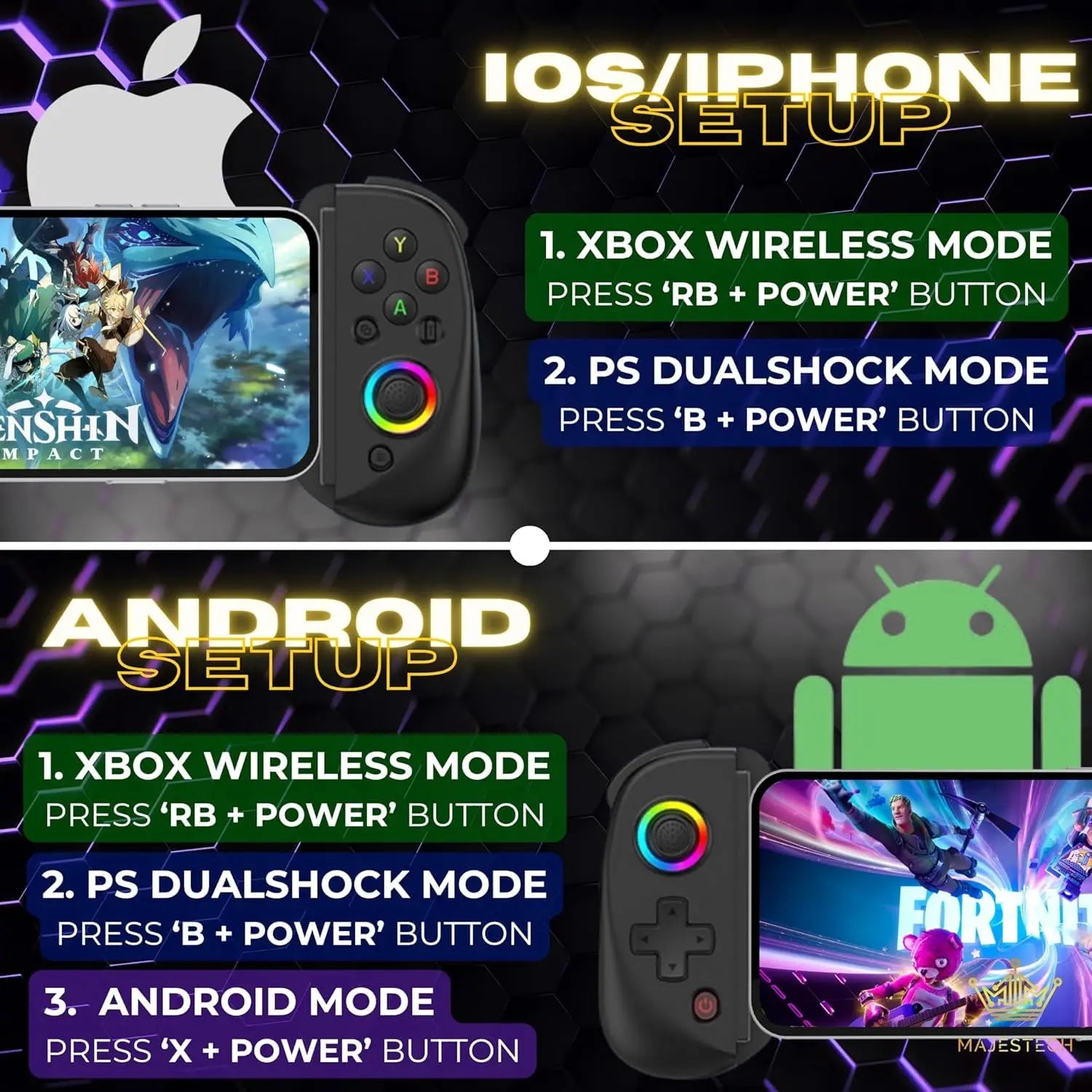 Mobile Gaming Controller for iPhone/Android/iPad/Tablet,Play Xbox Cloud,PS Remote PlayRGB Hall Joystick