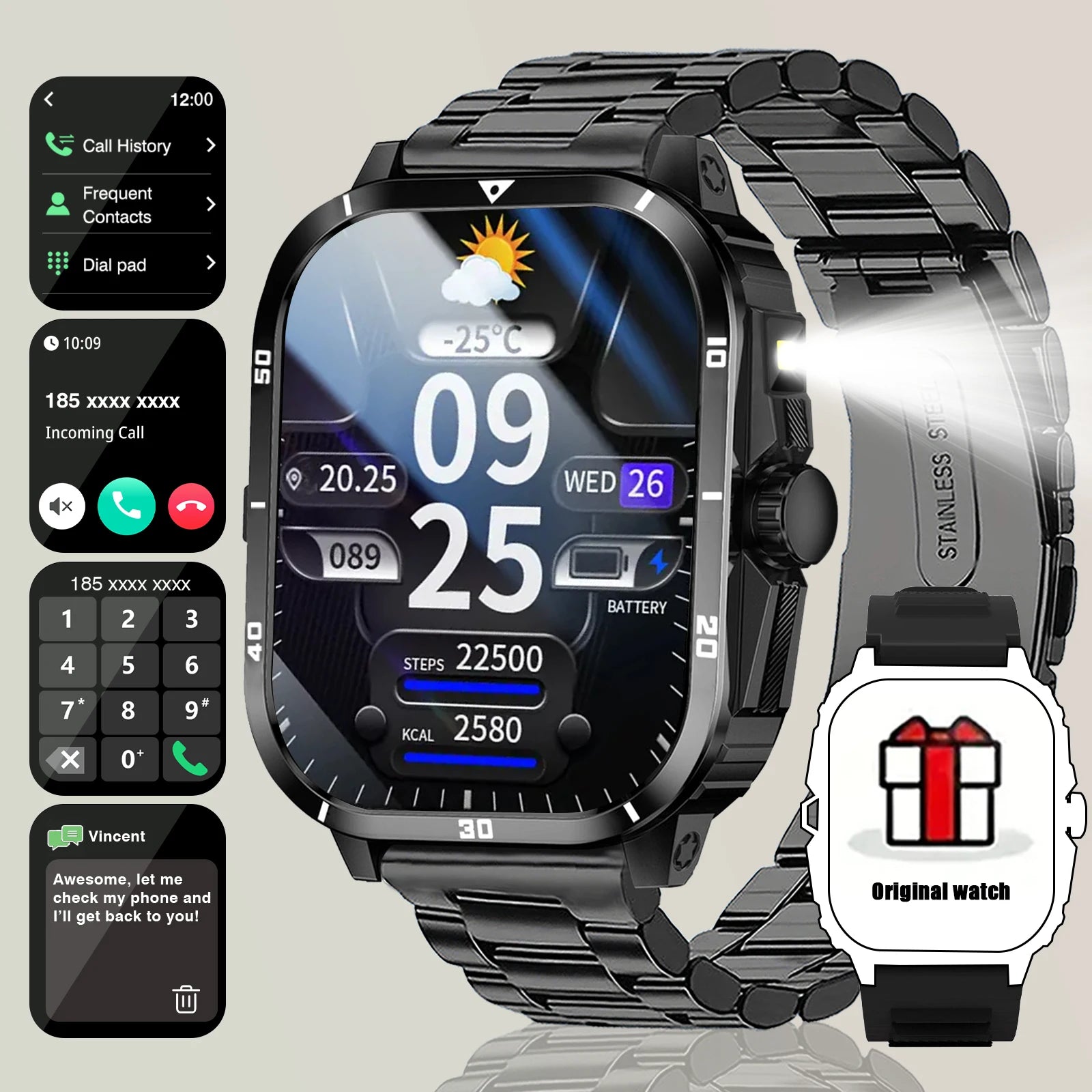 Men's Smart Watch with Wireless Calling, Dual Straps (Stainless Steel+Silicone), Step Counter Flashlight & Message Reminder