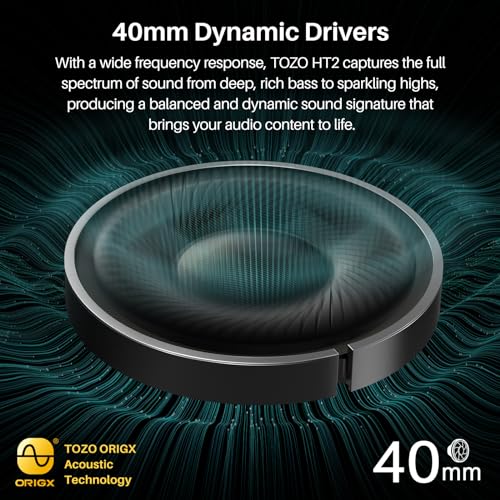 TOZO HT2 Hybrid Active Noise Cancelling Headphones, Wireless Over Ear Bluetooth Headphones, 60H Playtime, Hi-Res Audio Custom EQ via App Deep Bass Comfort Fit Ear Cups, for Home Office Travel
