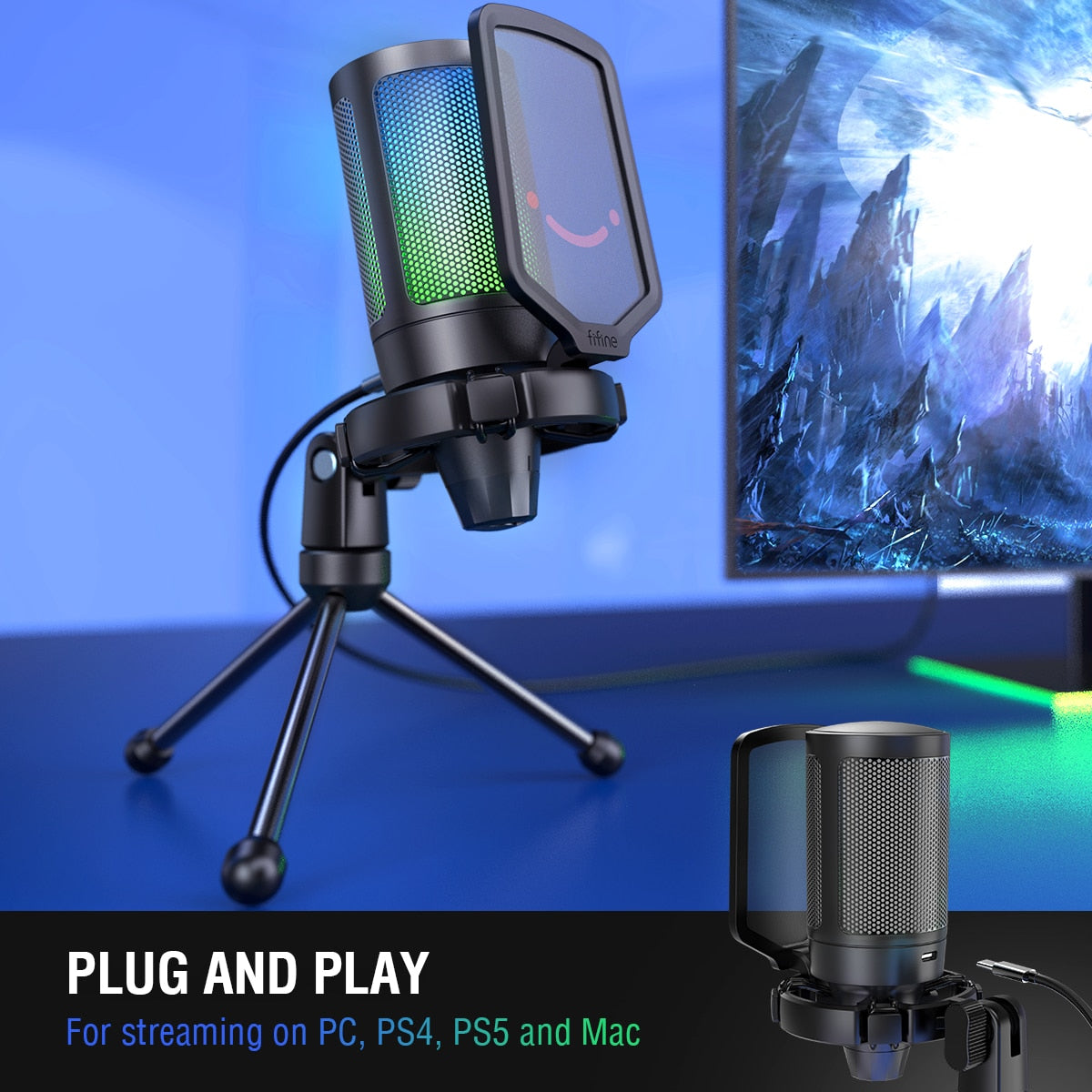 FIFINE USB Condenser Gaming Microphone, for PC PS4 PS5 MAC with Pop Filter Shock Mount&amp;Gain Control for Podcasts,Twitch,YouTube