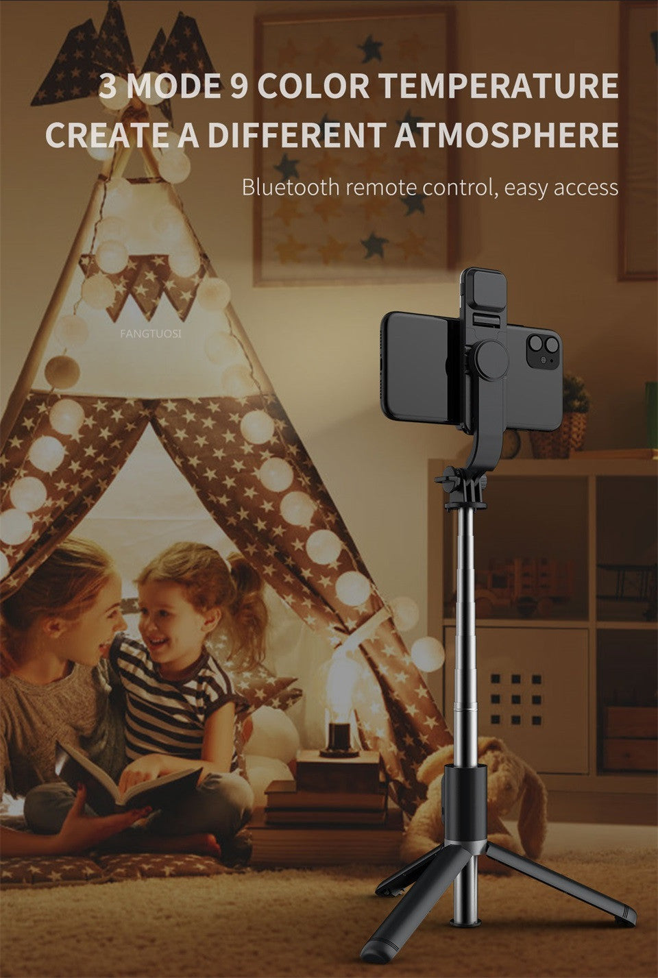 FANGTUOSI 2021 New Wireless selfie stick tripod Bluetooth Foldable Monopod With Led light remote shutter For iphone Wholesale