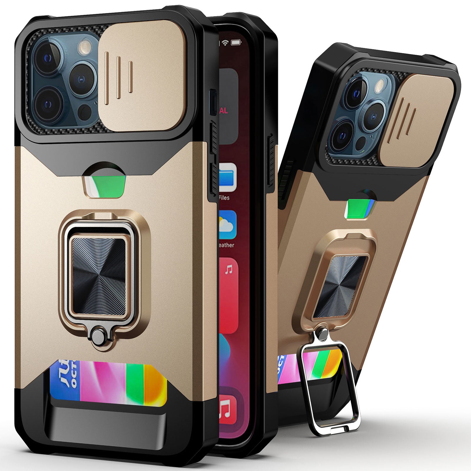 for iPhone 13 12 Pro Max Case, Kickstand with Slide Camera, Built-in 360 Rotate Ring Stand Magnetic Card Slot Credit Cover