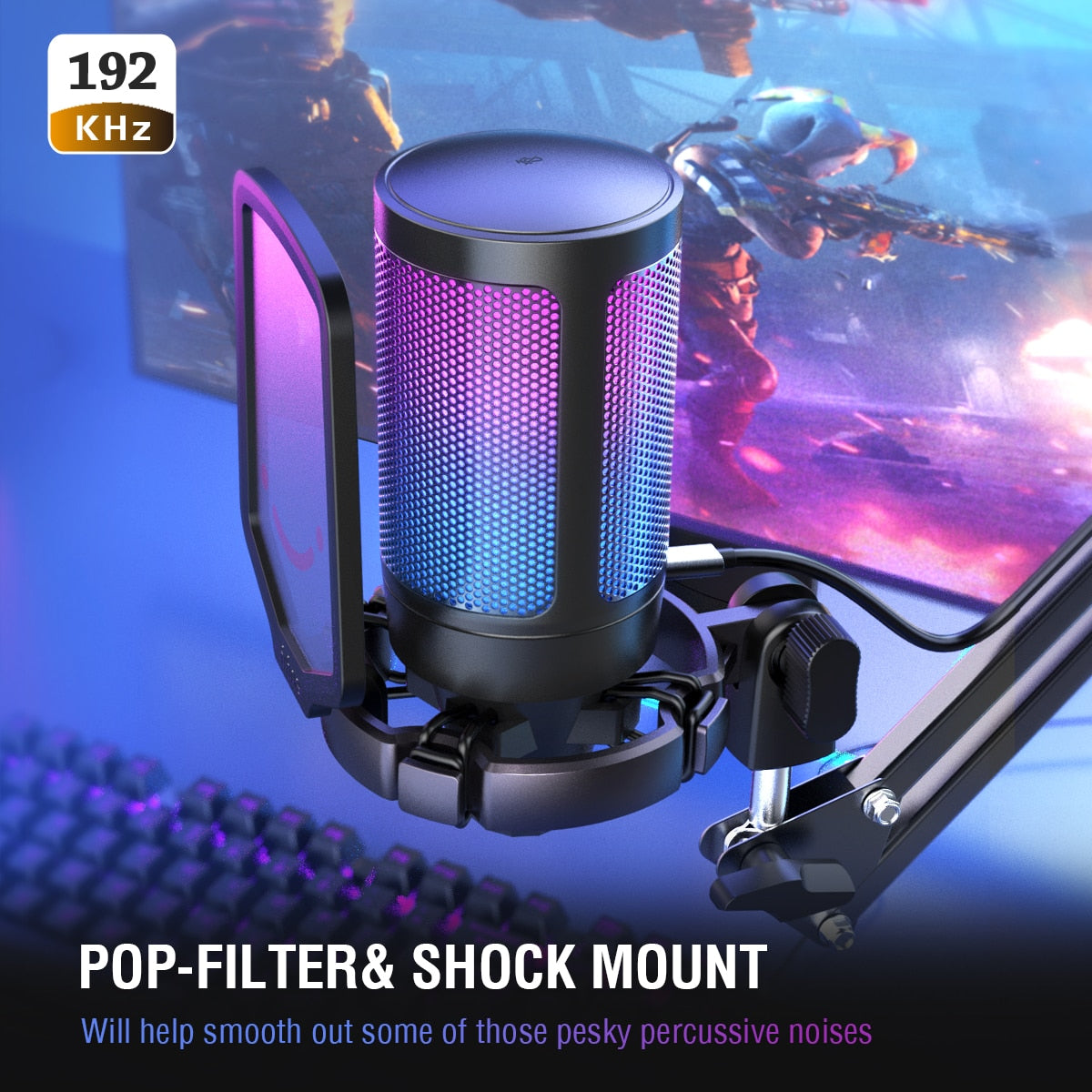 FIFINE USB Condenser Gaming Microphone, for PC PS4 PS5 MAC with Pop Filter Shock Mount&amp;Gain Control for Podcasts,Twitch,YouTube