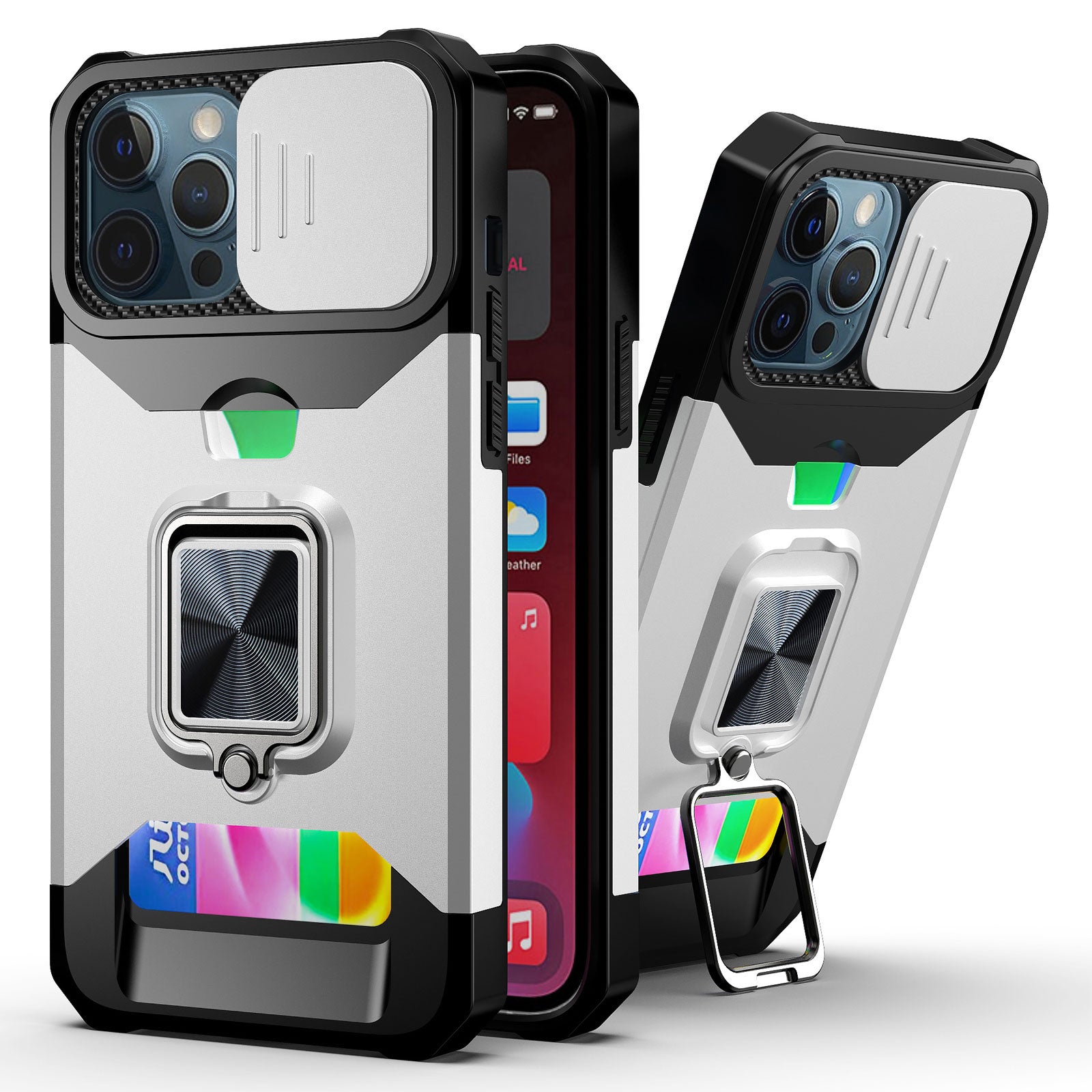 for iPhone 13 12 Pro Max Case, Kickstand with Slide Camera, Built-in 360 Rotate Ring Stand Magnetic Card Slot Credit Cover