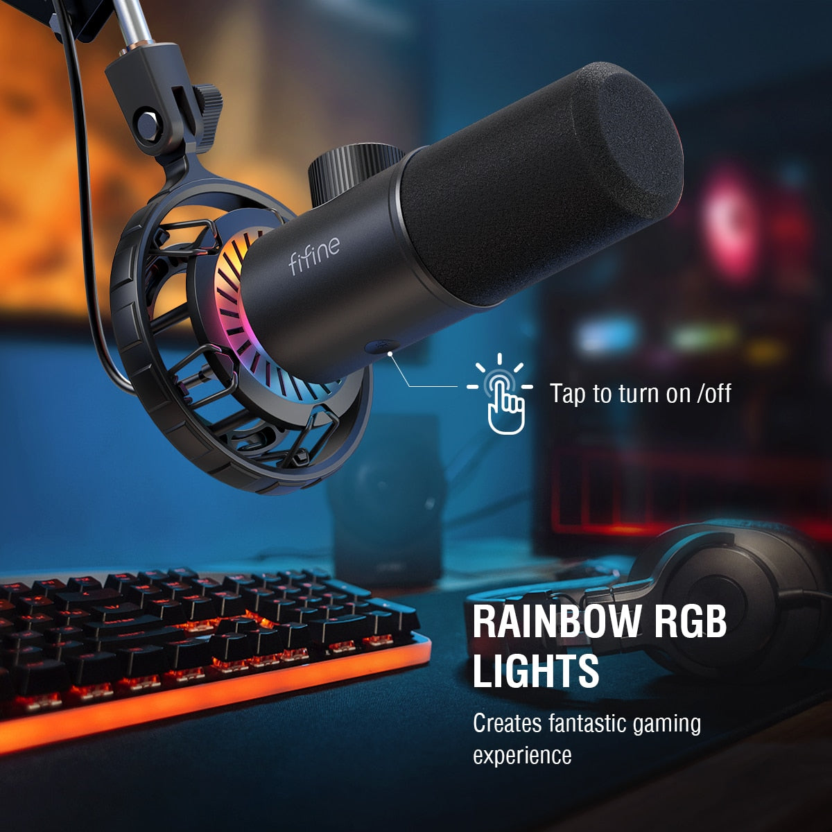 FIFINE Dynamic Microphone for windows&amp;laptop,USB Mic for Gaming YouTube with Tap-to-Mute Button/RGB Light/Headphone Jack -K658
