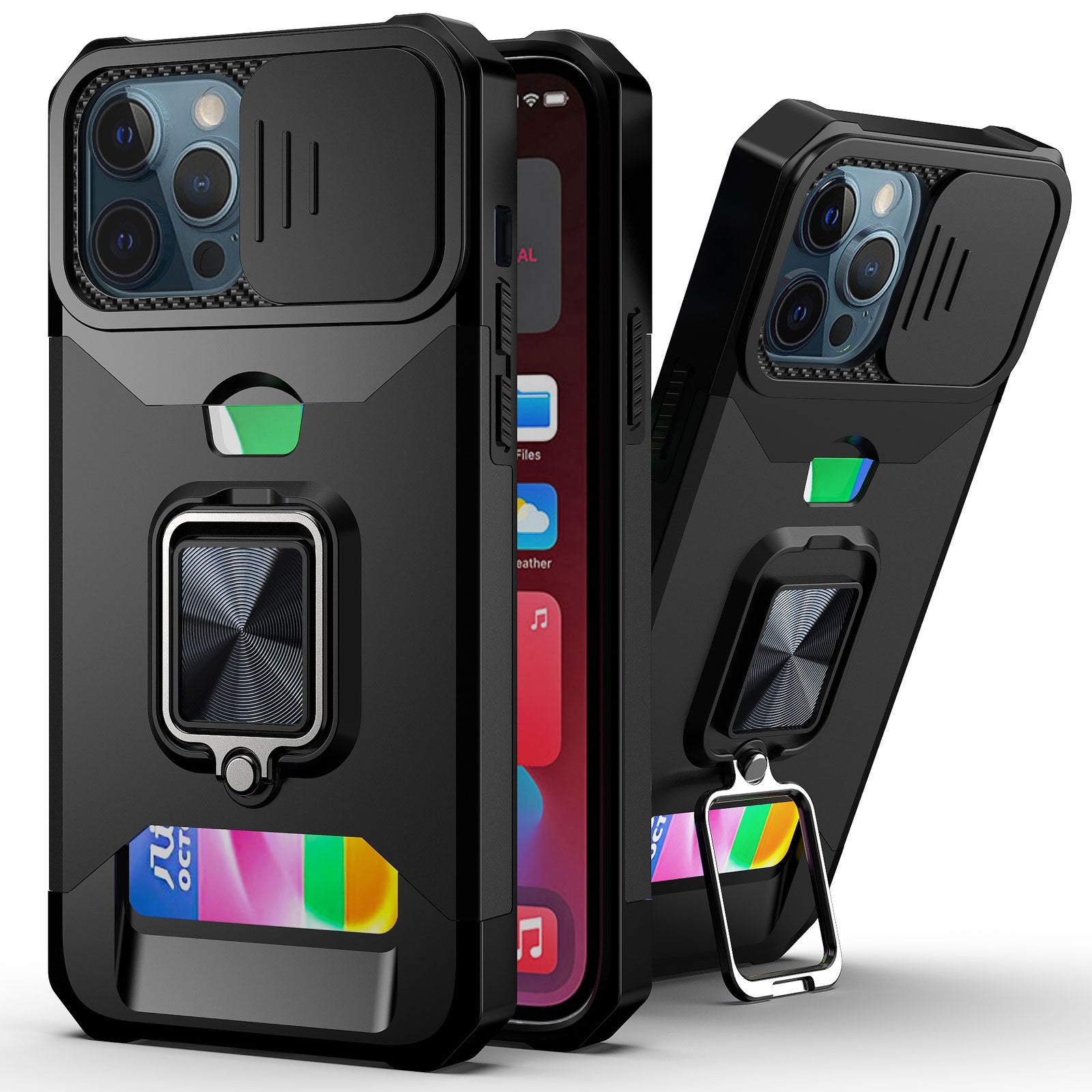 for iPhone 13 12 Pro Max Case, Kickstand with Slide Camera, Built-in 360 Rotate Ring Stand Magnetic Card Slot Credit Cover