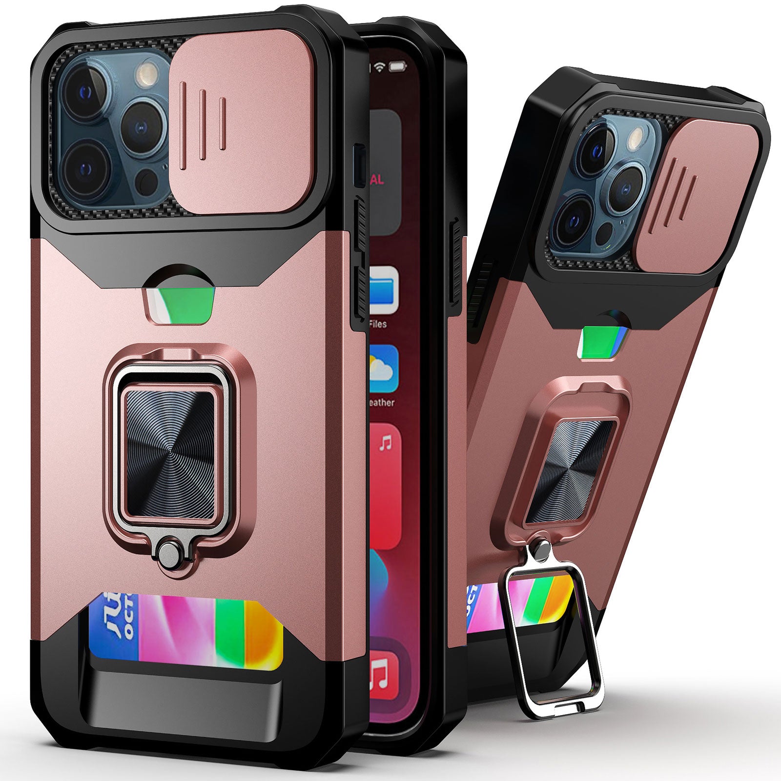 for iPhone 13 12 Pro Max Case, Kickstand with Slide Camera, Built-in 360 Rotate Ring Stand Magnetic Card Slot Credit Cover