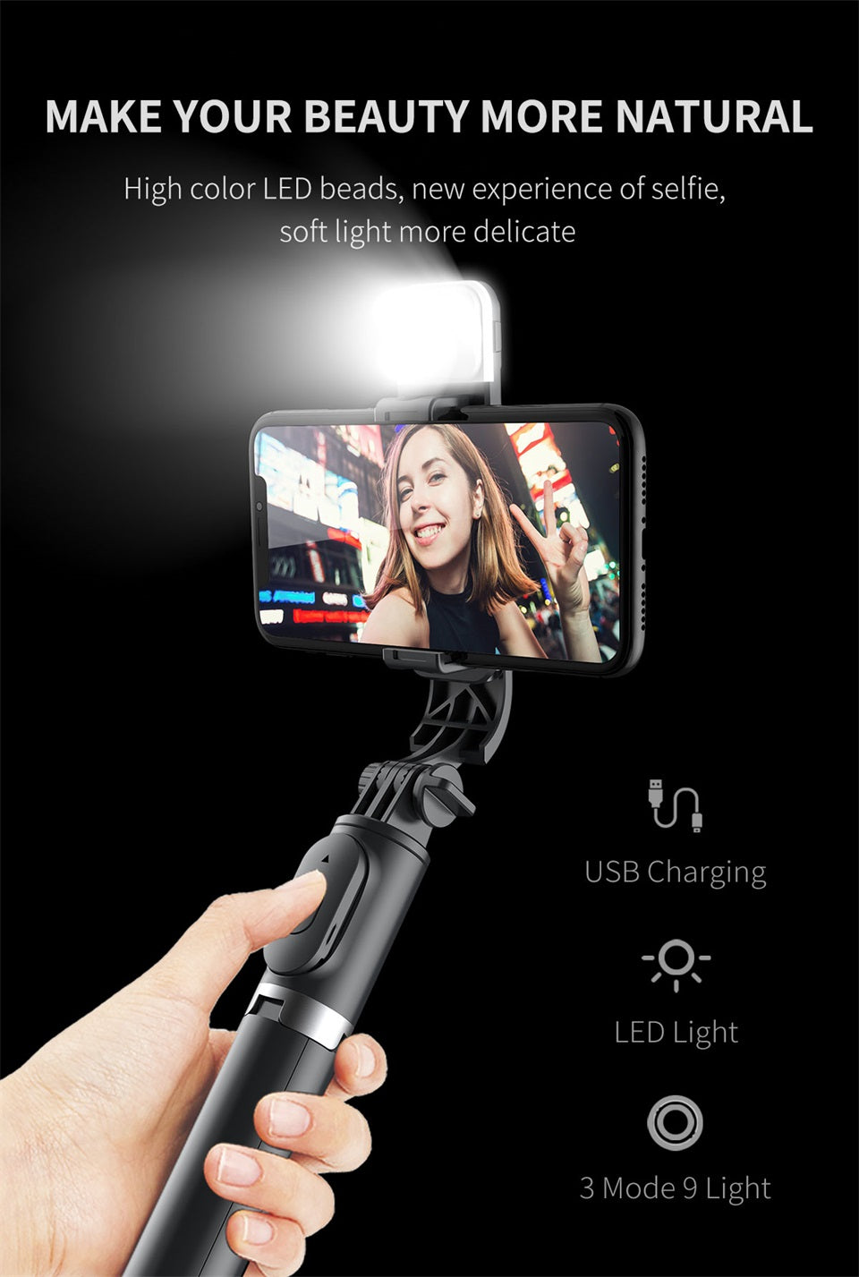 FANGTUOSI 2021 New Wireless selfie stick tripod Bluetooth Foldable Monopod With Led light remote shutter For iphone Wholesale