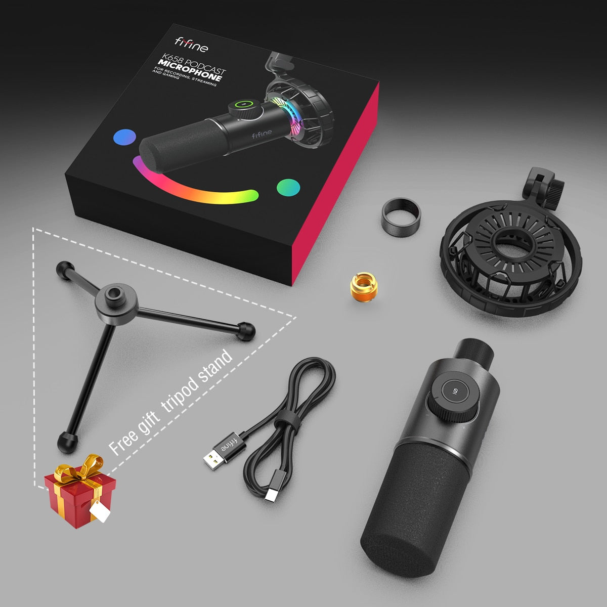 FIFINE Dynamic Microphone for windows&amp;laptop,USB Mic for Gaming YouTube with Tap-to-Mute Button/RGB Light/Headphone Jack -K658