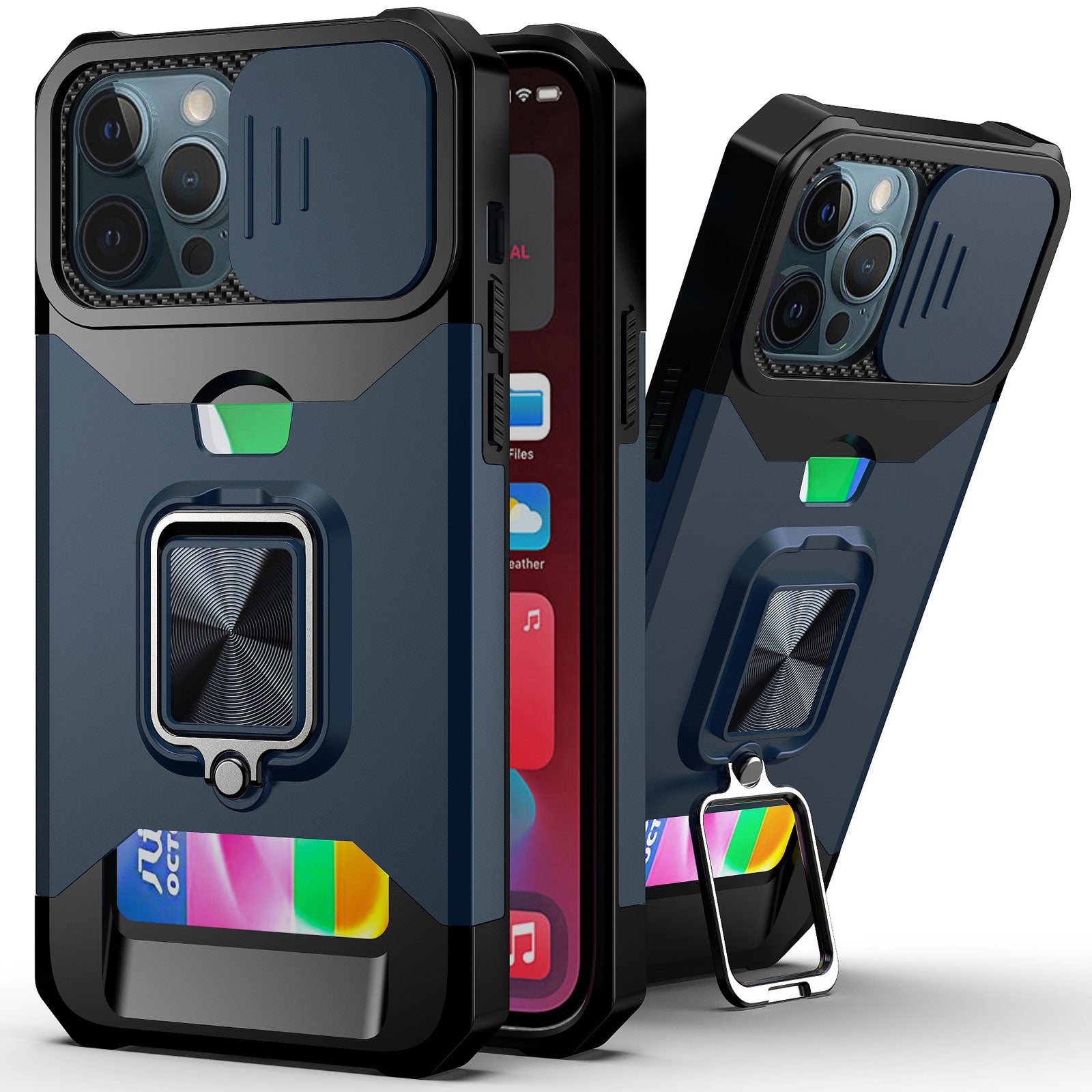 for iPhone 13 12 Pro Max Case, Kickstand with Slide Camera, Built-in 360 Rotate Ring Stand Magnetic Card Slot Credit Cover