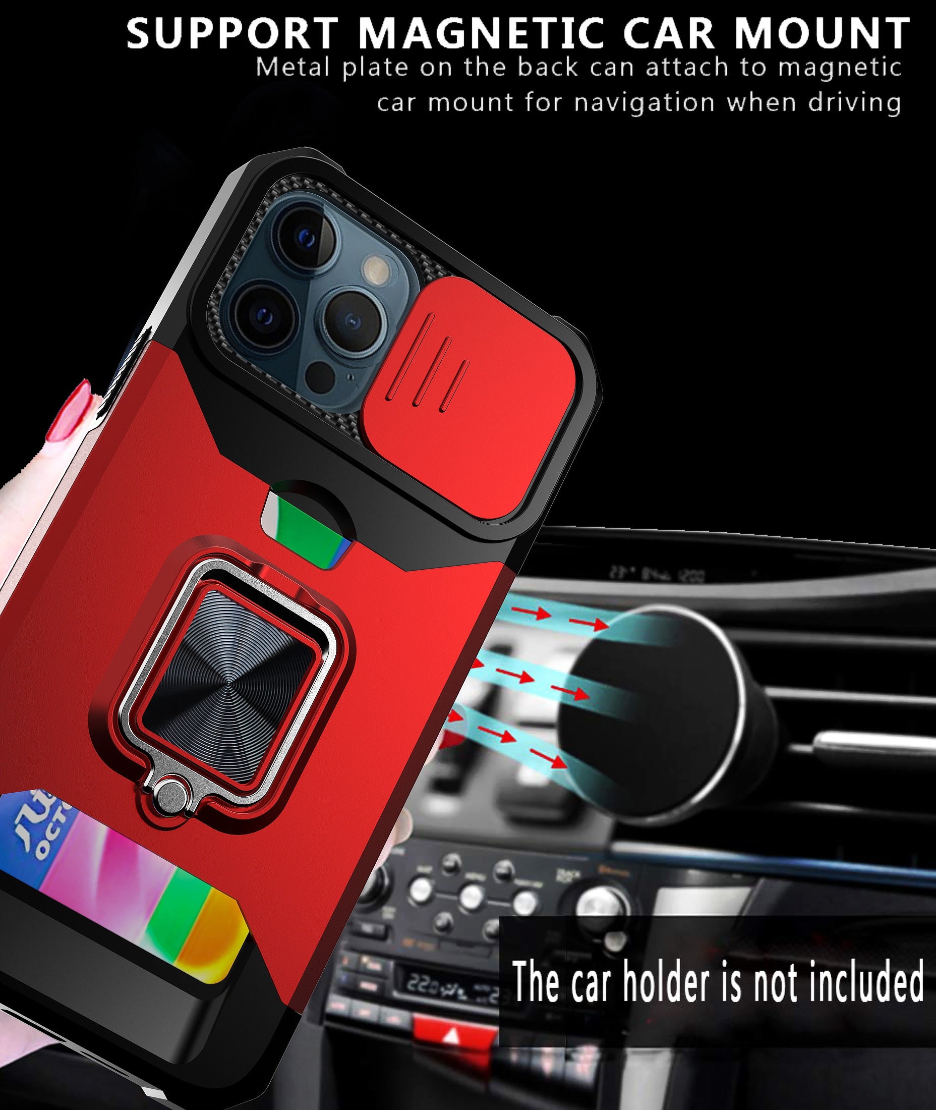 for iPhone 13 12 Pro Max Case, Kickstand with Slide Camera, Built-in 360 Rotate Ring Stand Magnetic Card Slot Credit Cover