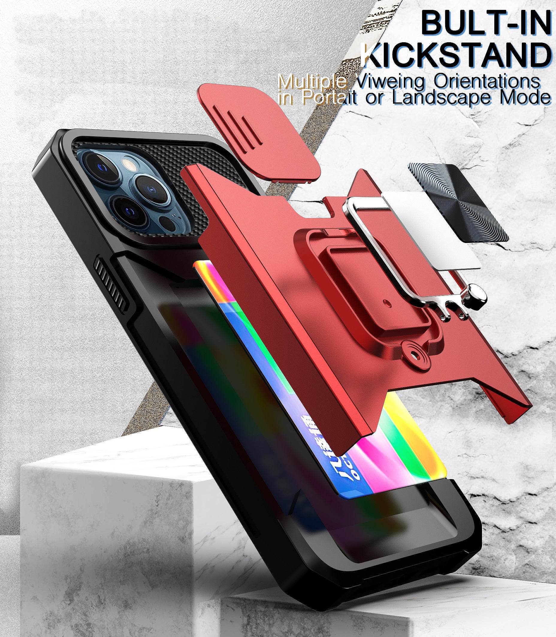 for iPhone 13 12 Pro Max Case, Kickstand with Slide Camera, Built-in 360 Rotate Ring Stand Magnetic Card Slot Credit Cover