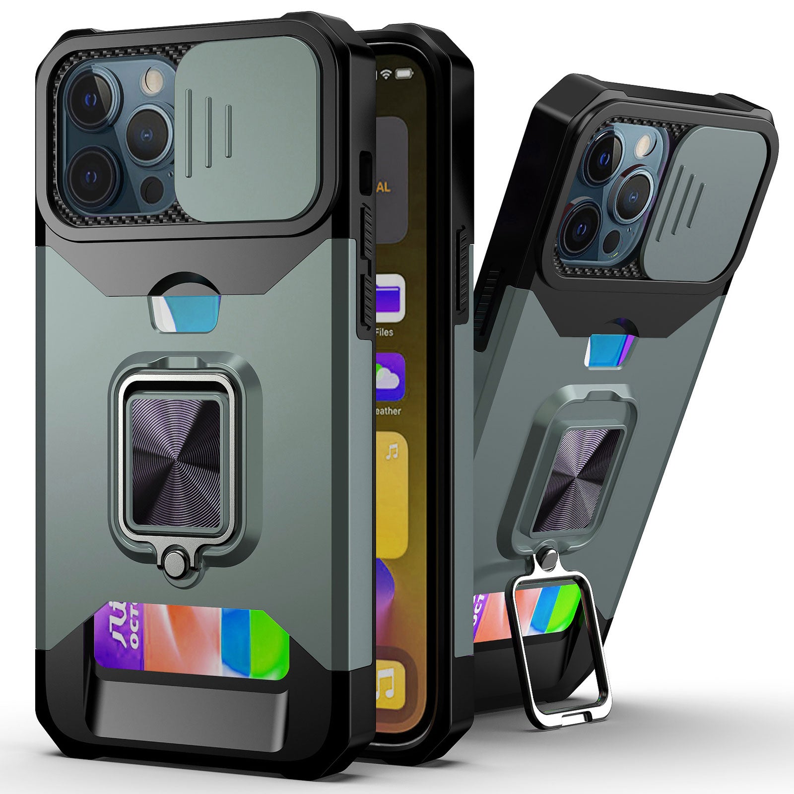 for iPhone 13 12 Pro Max Case, Kickstand with Slide Camera, Built-in 360 Rotate Ring Stand Magnetic Card Slot Credit Cover